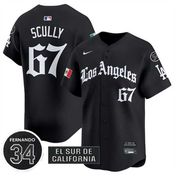 Men%27s Los Angeles Dodgers #67 Vin Scully Black Mexico 2025 LA Gothic Style With Fernando Patch Vapor Premier Limited Stitched Jersey Dzhi